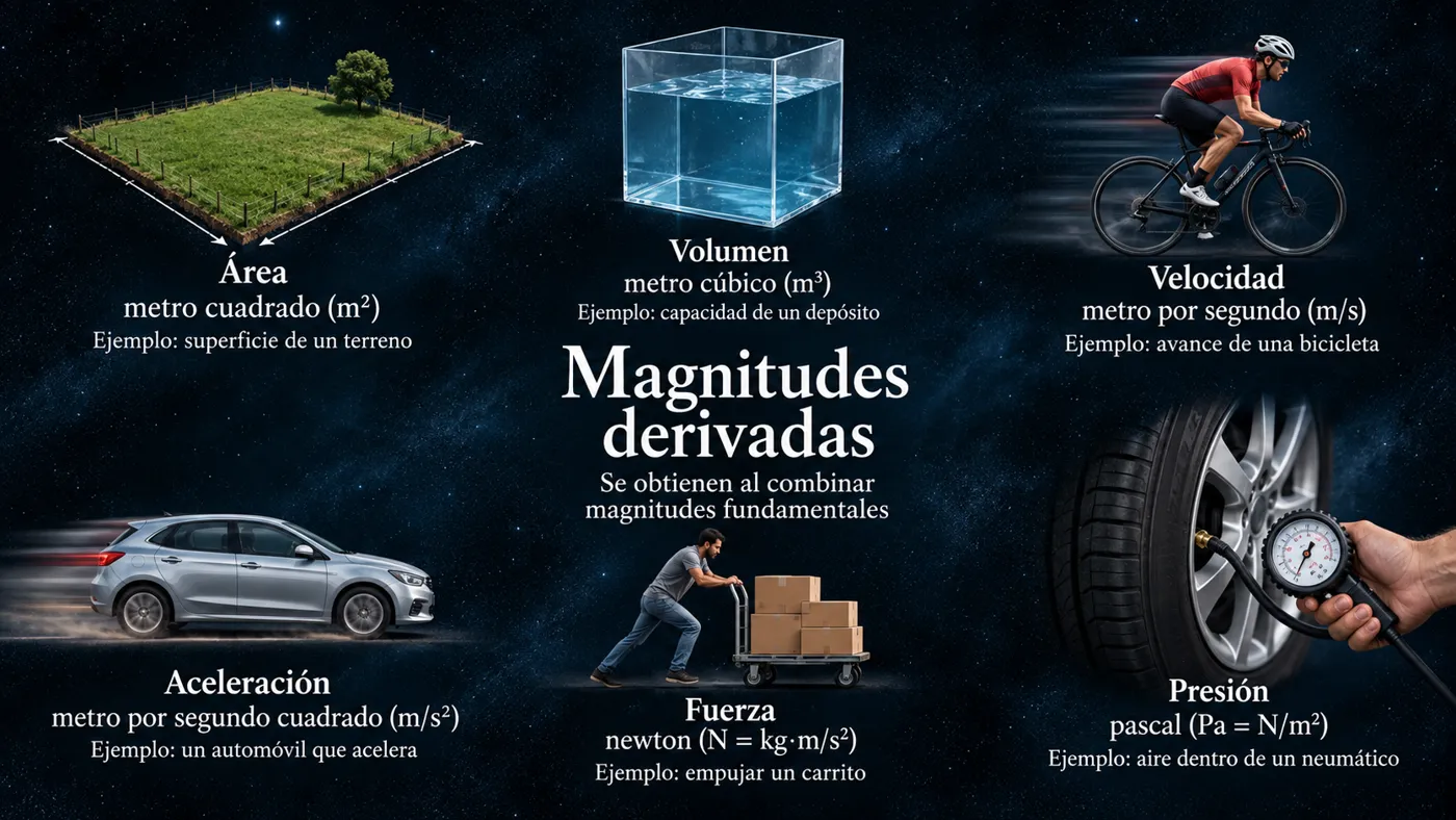 Seis ejemplos de magnitudes derivadas: área, volumen, velocidad, aceleración, fuerza y presión