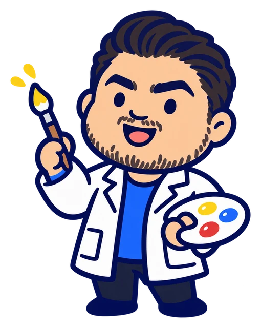 Profe Homi con bata blanca sosteniendo un pincel y una paleta de colores