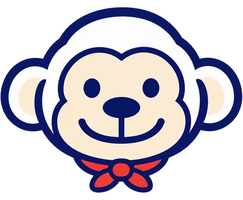 Cara sonriente del mono mascota con un moño rojo